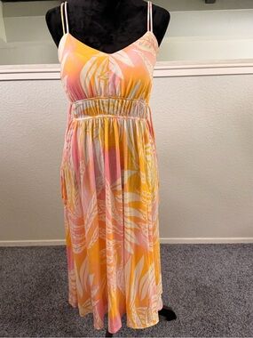 Tropical Maxi Dress in Pink and Yellow Smocked Waist